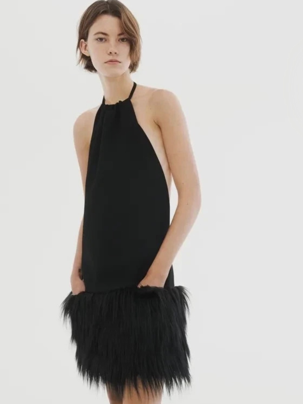 Zara Studio Black Halter Backless Mini Dress With Feathered Hem